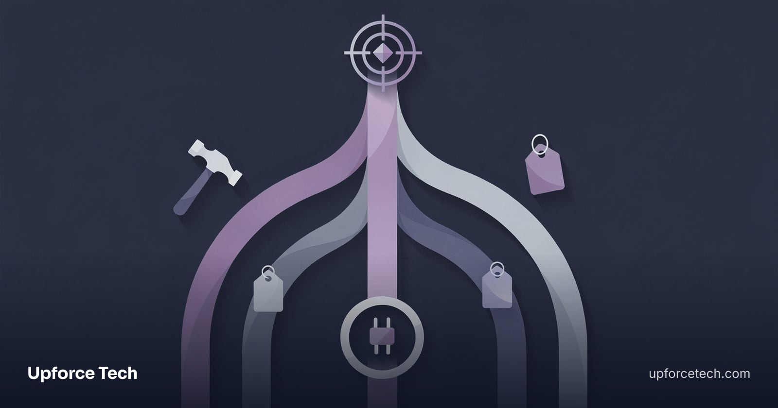 Three routes marked by a hammer, a price tag and a plug converging on one goal