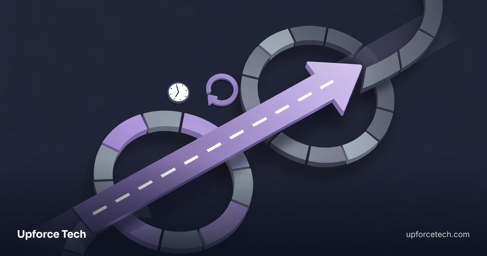 A fast-lane shortcut arrow past a winding path with a clock and refresh icon